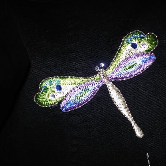 Quacker Factory Jacket Womens Large Black Embroidered Colorful Dragonfly Long Sl - Picture 7 of 16